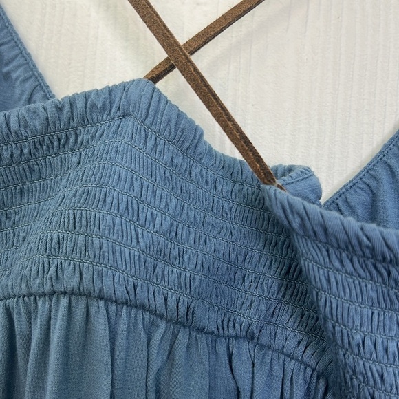 Free People - Blue V Neck With Brown Suede Spaghetti Straps Mini Dress Medium - Picture 11 of 11